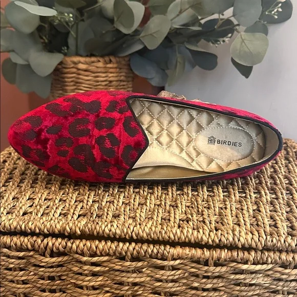 Birdies The Heron Red Black leopard print velvet quilted sole 7.5 Loafers - Picture 9 of 12